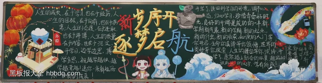 新岁序开逐梦启航黑板报粉笔画-第1张