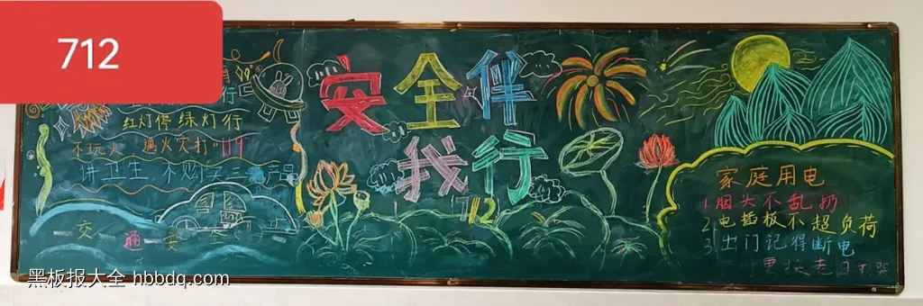 安全伴我行黑板报粉笔画-第1张