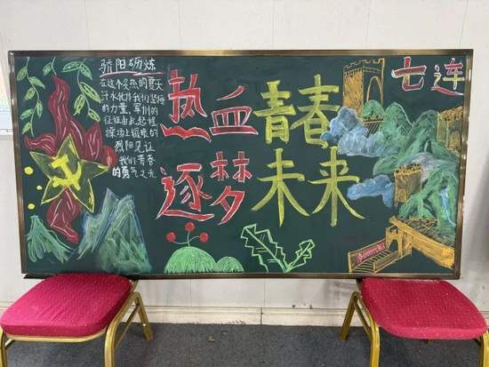 热血青春逐梦未来的军训黑板报粉笔画