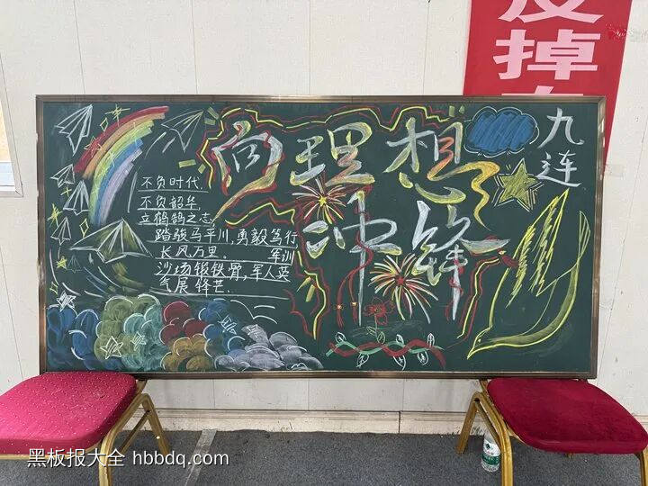 向理想冲锋军训黑板报粉笔画-第1张