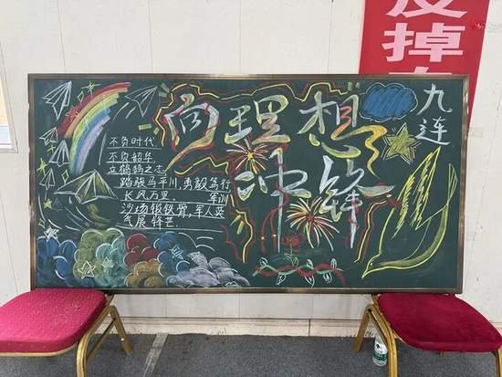 向理想冲锋军训黑板报粉笔画