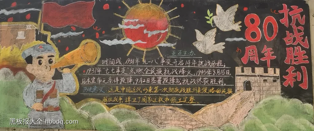小学超漂亮的纪念抗日战争胜利80周年黑板报-第2张