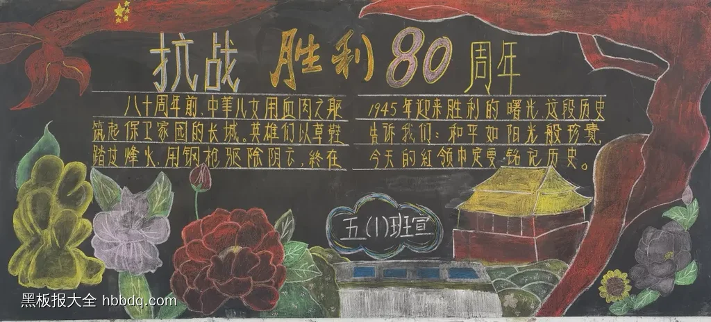 小学超漂亮的纪念抗日战争胜利80周年黑板报-第5张