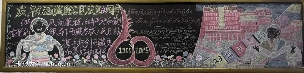 超漂亮的7张大学《喜迎西藏自治区成立60周年》黑板报粉笔画-第1张