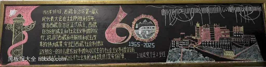 超漂亮的7张大学《喜迎西藏自治区成立60周年》黑板报粉笔画-第5张