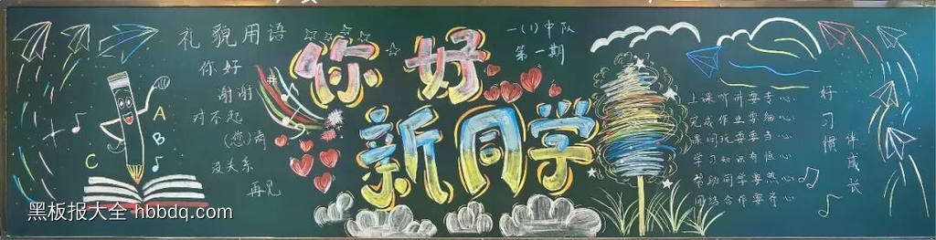 漂亮的2张你好新同学黑板报班级文化墙-第1张