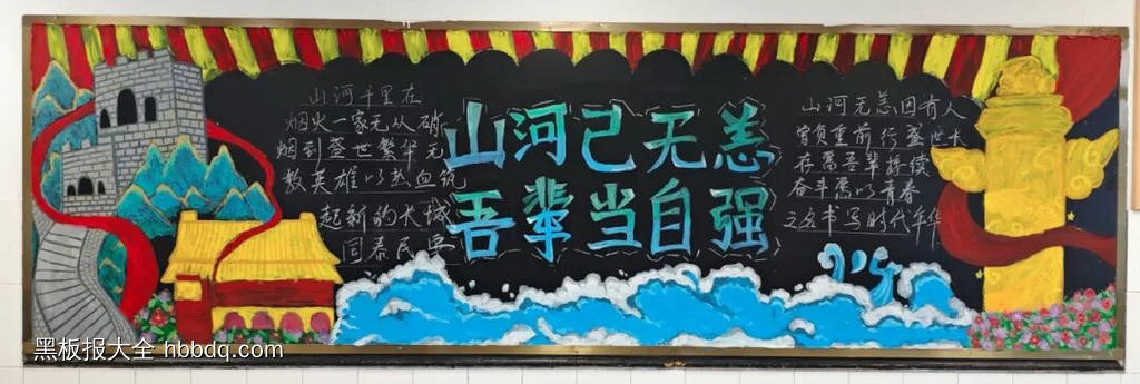 ”山河已无恙，吾辈当自强主题黑板报精选1张-第1张