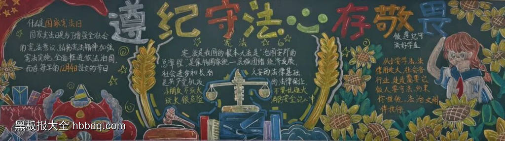 五年级争做宪法小卫士的黑板报粉笔画-第2张
