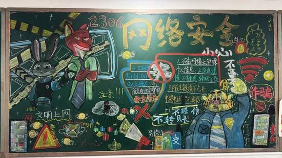 网络安全主题黑板报粉笔画3张
