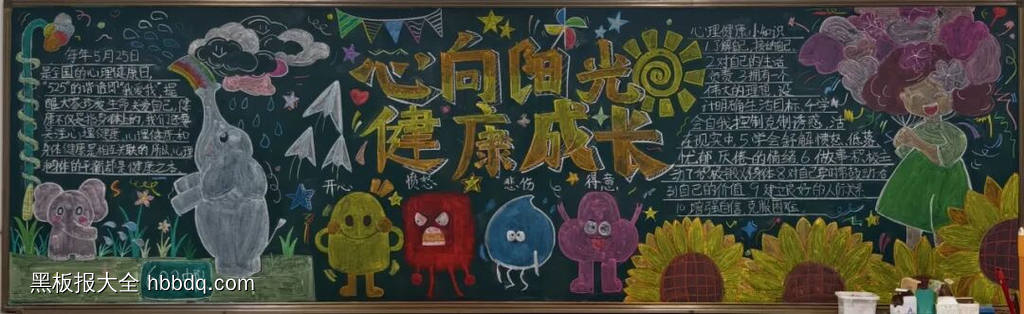 六年级心向阳光健康成长的心理健康黑板报粉笔画-第2张