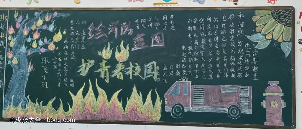 绘消防蓝图，护青春校园——黑板报粉笔画四幅-第4张