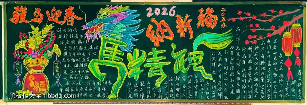 新年快乐，龙马精神主题黑板报-第1张