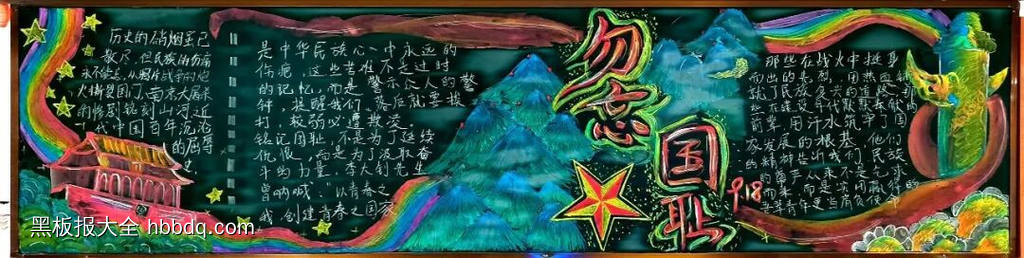 粉笔画1张“勿忘国耻”主题黑板报-第1张