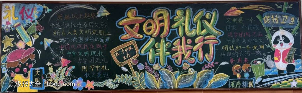 超美两张“文明礼仪伴我行”主题黑板报-第1张
