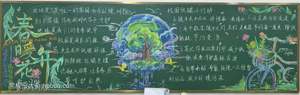 春暖花开，绿色地球主题黑板报-第1张
