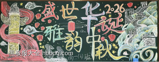 山河锦绣，月满中秋主题黑板报-第1张